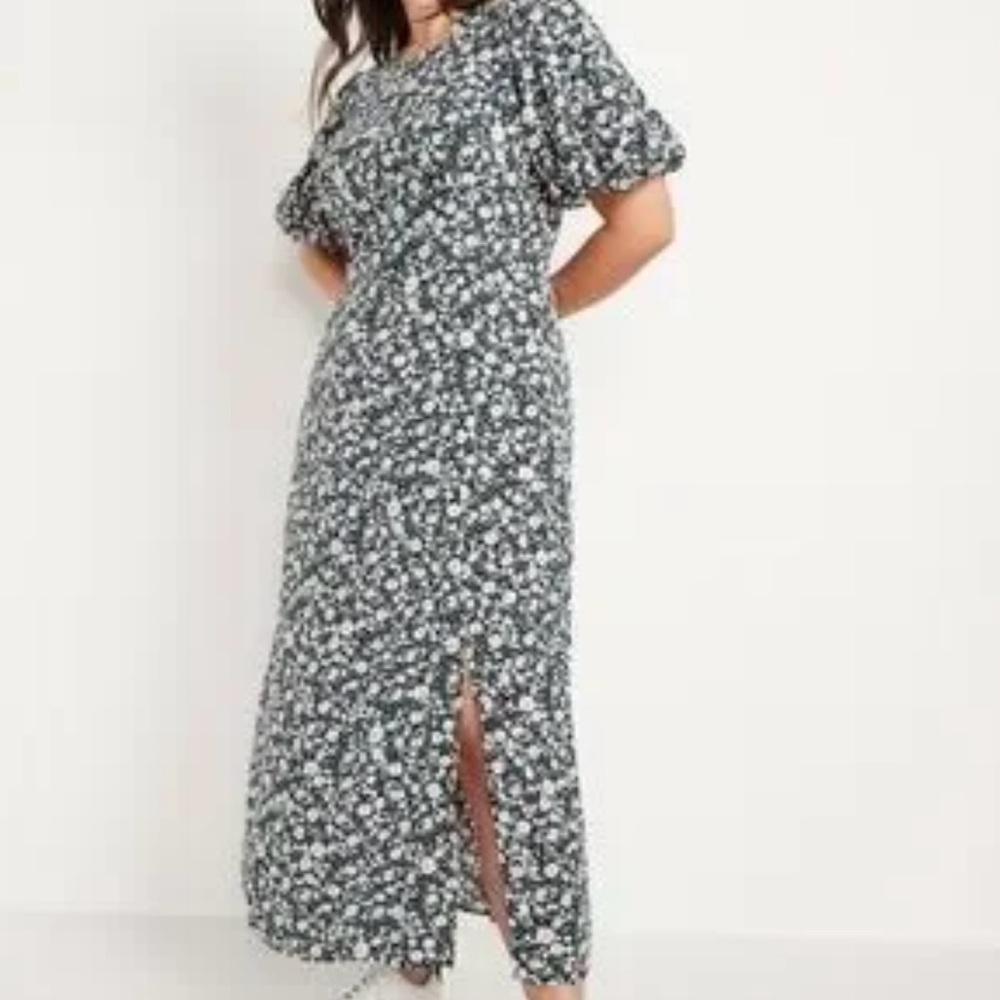 Old Navy Blue and Green Cream Floral Puff Sleeve Dress - 2X